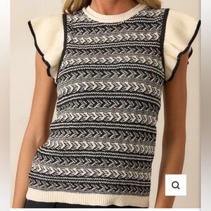 Skies Are Blue Black and Cream Patterned Flutter Sleeve Sweater